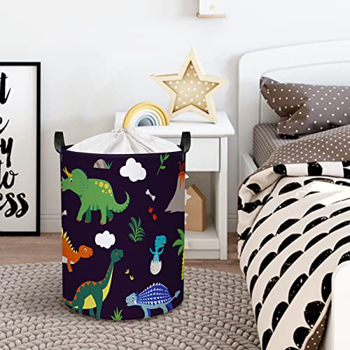 Clastyle 45L Waterproof Adorable Dinosaur Laundry Basket Black Collapsible Laundry Hamper with Handle Kids Toys Room Storage Basket with Drawstring, 14 * 17.7 in