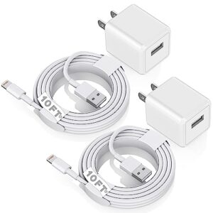 iphone charger 10ft, [apple mfi certified] long lightning cable data sync charging cords with usb wall charger travel plug adapter for iphone 13 12 11 pro max/se 2020/x/xr/8/7/6/ipad and more(2pack)