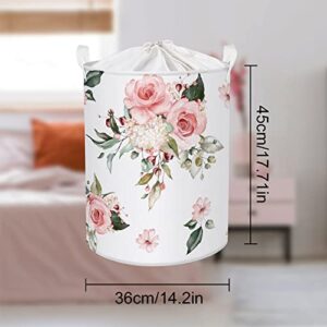 Clastyle 45L Pink Large Flowers Collapsible Laundry Basket with Drawstring Spring Summer Blooming Plant Pattern Laundry Hamper Bedroom Bathroom Waterproof Storage Basket with Handle, 14 * 17.7 in