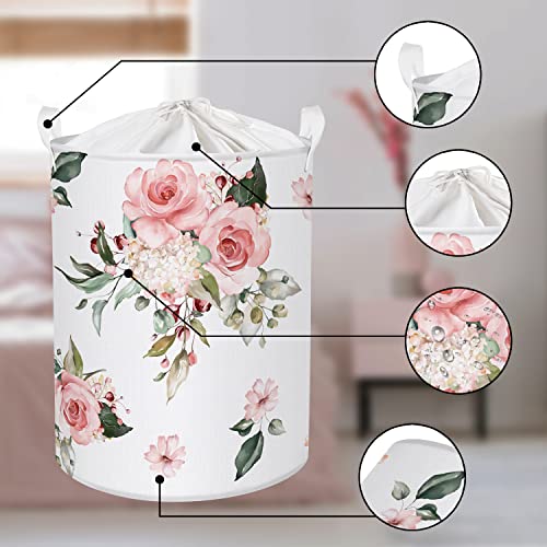Clastyle 45L Pink Large Flowers Collapsible Laundry Basket with Drawstring Spring Summer Blooming Plant Pattern Laundry Hamper Bedroom Bathroom Waterproof Storage Basket with Handle, 14 * 17.7 in