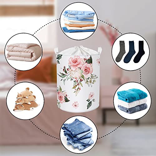 Clastyle 45L Pink Large Flowers Collapsible Laundry Basket with Drawstring Spring Summer Blooming Plant Pattern Laundry Hamper Bedroom Bathroom Waterproof Storage Basket with Handle, 14 * 17.7 in