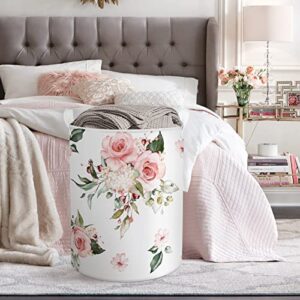 Clastyle 45L Pink Large Flowers Collapsible Laundry Basket with Drawstring Spring Summer Blooming Plant Pattern Laundry Hamper Bedroom Bathroom Waterproof Storage Basket with Handle, 14 * 17.7 in