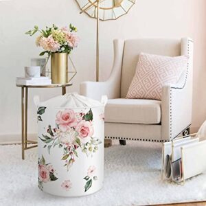 Clastyle 45L Pink Large Flowers Collapsible Laundry Basket with Drawstring Spring Summer Blooming Plant Pattern Laundry Hamper Bedroom Bathroom Waterproof Storage Basket with Handle, 14 * 17.7 in