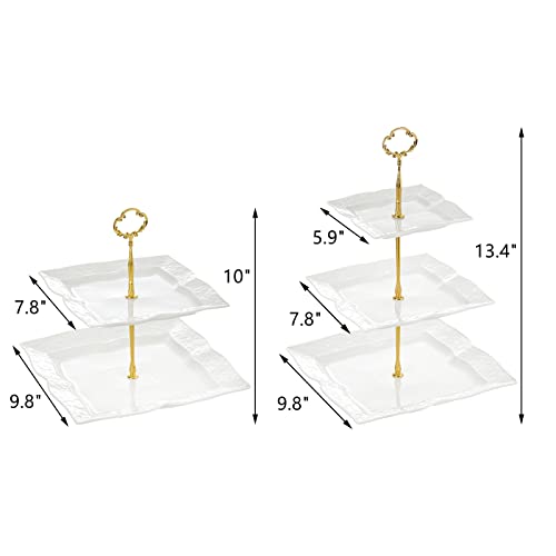 ZEAYEA Set of 2 Ceramic Cupcake Stand, 3 Tier and 2 Tier Porcelain Tiered Cake Stand, White Embossed Dessert Stand, Pastry Serving Tray for Tea Party, Wedding, Birthday