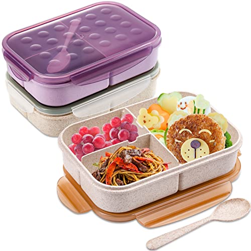 ZOOFOX Set of 3 Bento Box, Leak Proof Lunch Box with 3 Compartments, Reusable Lunch Dinner Containers for Adults, Microwave Safe and Dishwasher Safe (Spoon Included)