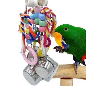 GILYGI Bird Parrots Pullable Stainless Steel Pots Toys, Bird Foraging Toys with Colorful Rope and Wooden Beads Rings for Small and Medium Parrot Bird