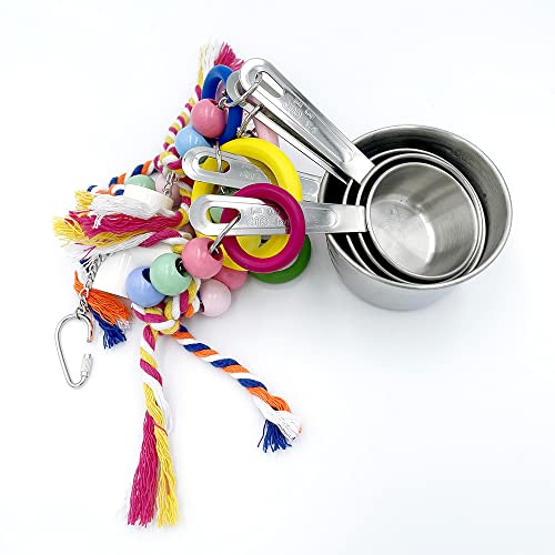 GILYGI Bird Parrots Pullable Stainless Steel Pots Toys, Bird Foraging Toys with Colorful Rope and Wooden Beads Rings for Small and Medium Parrot Bird