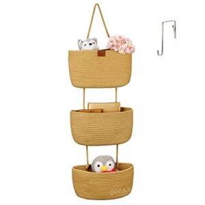 gocan hanging storage baskets over the door hanging basket, 3-tier cotton rope woven hanging organizer, detachable decorative hanging baskets for wall living room, bathroom and bedroom(jute)