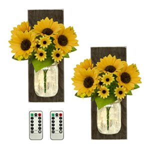tenxvi designs sunflower jar wall sconces with brown backer, set of 2, with remote controlled led fairy lights - perfect country or farmhouse theme home decor