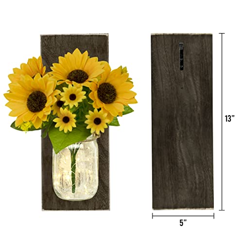 TenXVI Designs Sunflower Jar Wall Sconces with Brown Backer, Set of 2, with Remote Controlled LED Fairy Lights - Perfect Country or Farmhouse Theme Home Decor