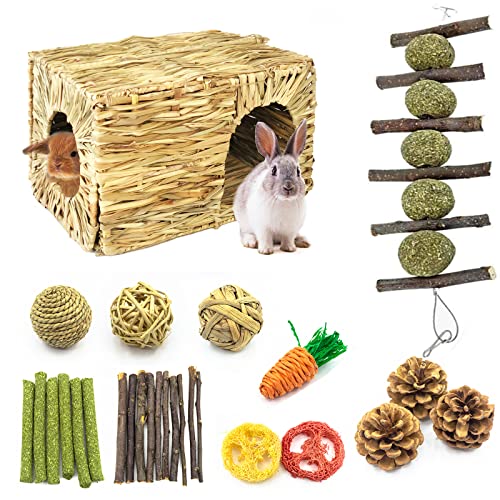 DuvinDD Grass House for Bunny Play and Rest, Small Animal Hideaway Hut Bed Mat 100% Natural Chew Toys - Rattan Ball, Timothy Hay Ball String and Sticks, Apple Sticks, Pine Cones for Rabbit Guinea Pig