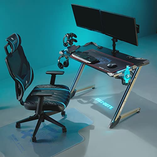 EUREKA ERGONOMIC & Call of Duty UAV Gaming Desk, RGB LED 45 Inch Z Shaped Home Office PC Computer Gamer Table with Fiber Light Dual Headphone Holder Cable Ties for Gamer Gifts, Black & Brass