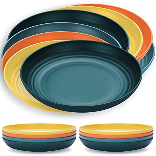 Kyraton 9 Inch Large Deep Plastic Plates 8 Pieces, Unbreakable And Reusable Light Weight Dinner Plates Pasta and Dumpling Bowl Microwave Safe BPA Free Dishwasher Safe (Mutil Color)