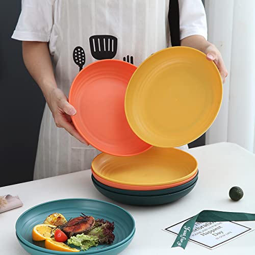 Kyraton 9 Inch Large Deep Plastic Plates 8 Pieces, Unbreakable And Reusable Light Weight Dinner Plates Pasta and Dumpling Bowl Microwave Safe BPA Free Dishwasher Safe (Mutil Color)