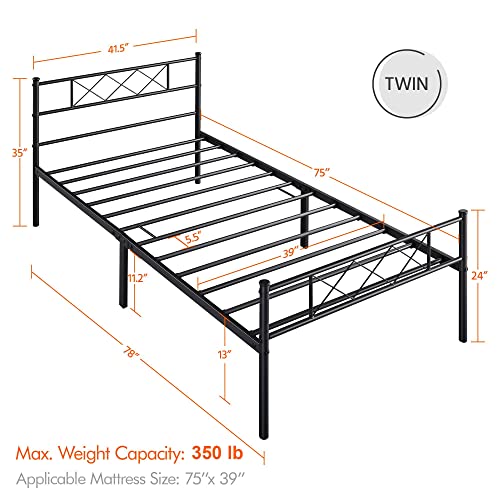 Yaheetech Black Twin Metal Platform Bed Frame Mattress Foundation with Headboard and Footboard Under Bed Storage Steel Slats No Box Spring Needed 2Pcs