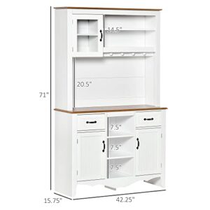 HOMCOM 71" Kitchen Buffet with Hutch, Farmhouse Style Storage Pantry with 2 Drawers, 3 Door Cabinets and 3 Shelves, White