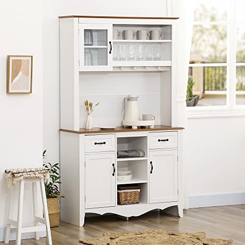 HOMCOM 71" Kitchen Buffet with Hutch, Farmhouse Style Storage Pantry with 2 Drawers, 3 Door Cabinets and 3 Shelves, White