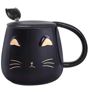 yuwu cat mug cute coffee mug gifts for cat lovers ceramic cup, novelty mug with lid and stainless steel spoon, christmas birthday gifts present for kids women girls (black)