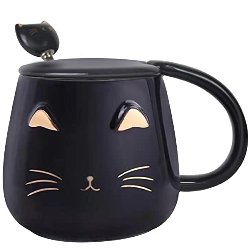 Yuwu Cat Mug Cute Coffee Mug gifts for cat lovers Ceramic Cup, Novelty Mug with Lid and Stainless Steel Spoon, Christmas Birthday Gifts Present for kids Women Girls (Black)