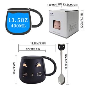 Yuwu Cat Mug Cute Coffee Mug gifts for cat lovers Ceramic Cup, Novelty Mug with Lid and Stainless Steel Spoon, Christmas Birthday Gifts Present for kids Women Girls (Black)