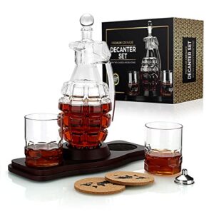 grenade whiskey decanter with 2 whiskey glasses set (new-tech super lightweight) and wood base-for liquor, scotch, bourbon, vodka, wine, brandy, limited edition gifts for men-1000ml