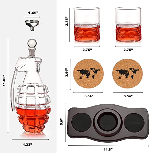 Grenade Whiskey Decanter with 2 Whiskey Glasses Set (New-tech Super Lightweight) and Wood Base-for Liquor, Scotch, Bourbon, Vodka, Wine, Brandy, Limited Edition Gifts for Men-1000ml