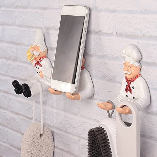 French Chef Figurine Wall Hook: Decorative Wall Mount Rack Hook Hanger 2Pcs Bakery Chef Statue Fat Chef Wall Art Decor for Kitchen Restaurant Bathroom