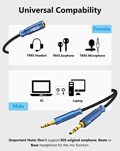 MillSO Headphone Splitter for Computer 3.5mm Female to 2 Dual 3.5mm Male Headset Splitter Cable Gold-Plated & Braided Gaming Headset to PC Adapter with Separate Audio & Mic Plug [Young Series]