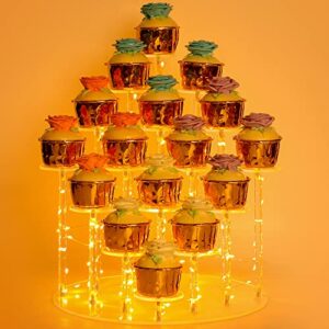 Cupcake Stand - Premium Cake Pop Holder - Cakes Dessert Display Stands for 16 Cupcakes + LED Yellow Light String - Ideal for Weddings, Birthday Parties, Candlelight Dinner