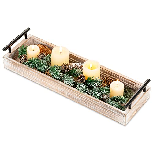 Hanobe Wood Serving Tray with Metal Handles - Rustic Whitewash Rectangula Decorative Trays Long Narrow Ottoman Trays for Decor Wooden Country Centerpiece for Wine Coffee Table Candle Holder