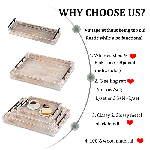 Hanobe Wood Serving Tray with Metal Handles - Rustic Whitewash Rectangula Decorative Trays Long Narrow Ottoman Trays for Decor Wooden Country Centerpiece for Wine Coffee Table Candle Holder