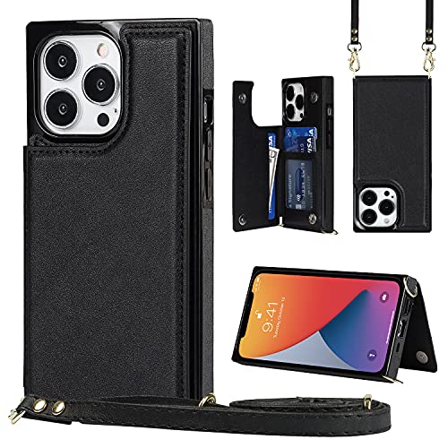 DEFBSC Compatible with iPhone 13 Pro Case, Crossbody Wallet Case, Adjustable Detachable Lanyard Neck Strap with Kickstand Leather Card Holder Protective Cover-Black