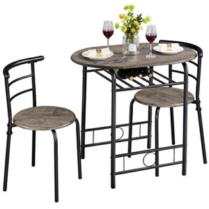 topeakmart 3 piece kitchen table set - dining table sets for 2 - compact table and chairs w/steel frame & shelf storage for small spaces, apartment,bistro - drift brown