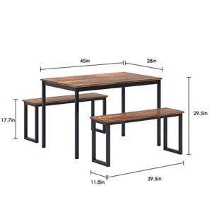 SogesHome 3-Piece Kitchen Dining Room Table Sets, 45‘’ Table and 2 Benches for 4, Space-Saving Table Set for Restaurant, Coffee Shop, Living Room, Small Space