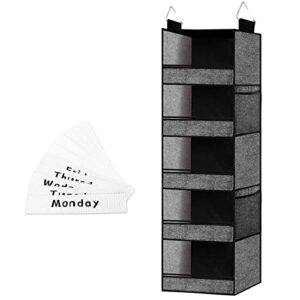 homyfort hanging closet organizer, weekly clothes storage organizer for kids, 5 shelf with side pockets for shoes,nursery,baby clothing,hat,shirt,dorm (black)