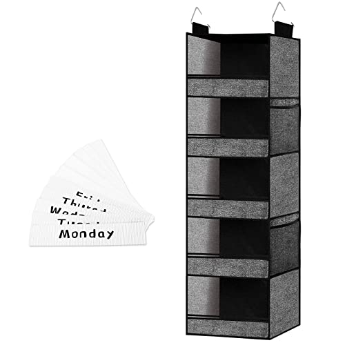 homyfort Hanging Closet Organizer, Weekly Clothes Storage Organizer for Kids, 5 Shelf with Side Pockets for Shoes,Nursery,Baby Clothing,Hat,Shirt,Dorm (Black)