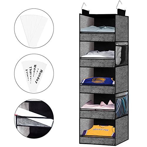 homyfort Hanging Closet Organizer, Weekly Clothes Storage Organizer for Kids, 5 Shelf with Side Pockets for Shoes,Nursery,Baby Clothing,Hat,Shirt,Dorm (Black)