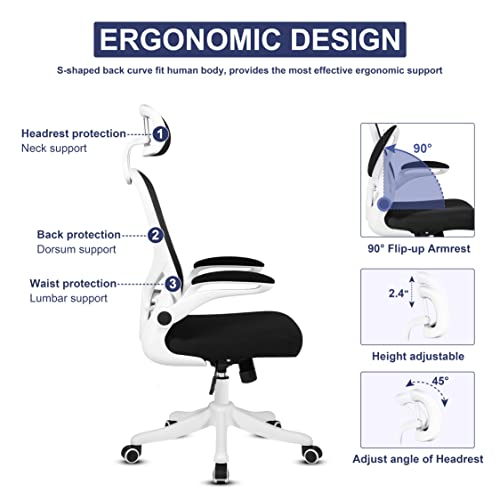 Misolant Office Chair, Ergonomic Desk Chair, Mesh Chair, Office Desk Chair, Ergonomic Chair, Mesh Computer Chair with Adjustable Headrest, Lumbar Support and Flip-up Arms for Home or Office (White)