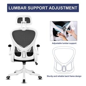 Misolant Office Chair, Ergonomic Desk Chair, Mesh Chair, Office Desk Chair, Ergonomic Chair, Mesh Computer Chair with Adjustable Headrest, Lumbar Support and Flip-up Arms for Home or Office (White)