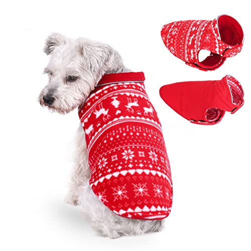 Mogoko Christmas Reversible Dog Sweater Safety Reflective Cat Cold Weather Coats Pet Jacket with Harness/Leash Hole for Puppy Small Dog Cat Red