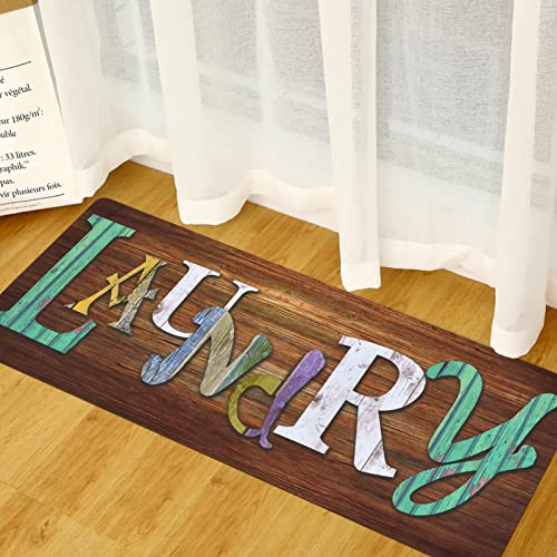 Tealp Laundry Mat 4ft Rubber Cushioned Rug Runner Farmhouse Laundry Room Rug Wood Printed Laundry Room Mats for Floor Colorful Laundry Sign Rug for Farmhouse Mudroom Indoor Outdoor Home Decor, 20"X48"