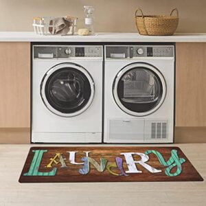 Tealp Laundry Mat 4ft Rubber Cushioned Rug Runner Farmhouse Laundry Room Rug Wood Printed Laundry Room Mats for Floor Colorful Laundry Sign Rug for Farmhouse Mudroom Indoor Outdoor Home Decor, 20"X48"