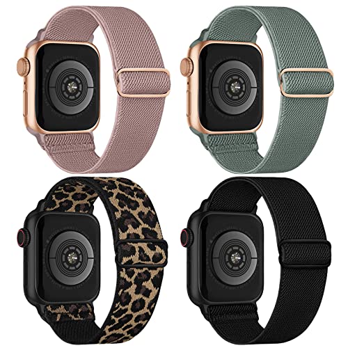 Stretchy Nylon Solo Loop Bands Compatible with Apple Watch 38mm 40mm 41mm 42mm 44mm 45mm 49mm, Adjustable Braided Sport Elastic Wristbands Women Men Straps for iWatch Series 9/8/7/6/5/4/3/2/1/SE/Ultra/Ultra 2, 4 Packs