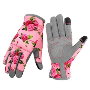yrtsh leather gardening gloves for women, flexible breathable garden gloves, thorn proof working gloves touch screen gardening gifts - large pink