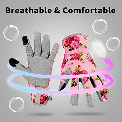 YRTSH Leather Gardening Gloves for Women, Flexible Breathable Garden Gloves, Thorn Proof Working Gloves Touch Screen Gardening Gifts - Large Pink