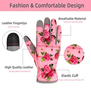 YRTSH Leather Gardening Gloves for Women, Flexible Breathable Garden Gloves, Thorn Proof Working Gloves Touch Screen Gardening Gifts - Large Pink