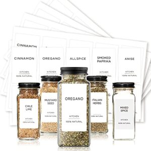 v2croft 160 preprinted 1.375inch x 2.125inch minimalist spice labels set w/extra black text on white, waterproof matte for jars, glass containers & canisters,- include an exclusive reference sheet