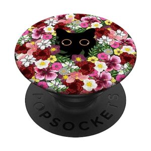 black cat eyes in flowers cute floral scary animal lover popsockets swappable popgrip