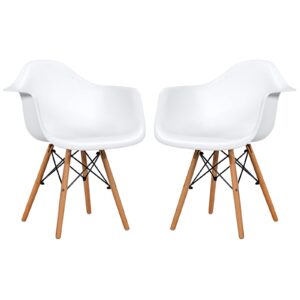 safstar mid century modern dinning chair set of 2, 2 pieces dsw side chair w/beech wood legs & curved seat supports, accent plastic shell chair set for kitchen, dining, bedroom, living room (2, white)