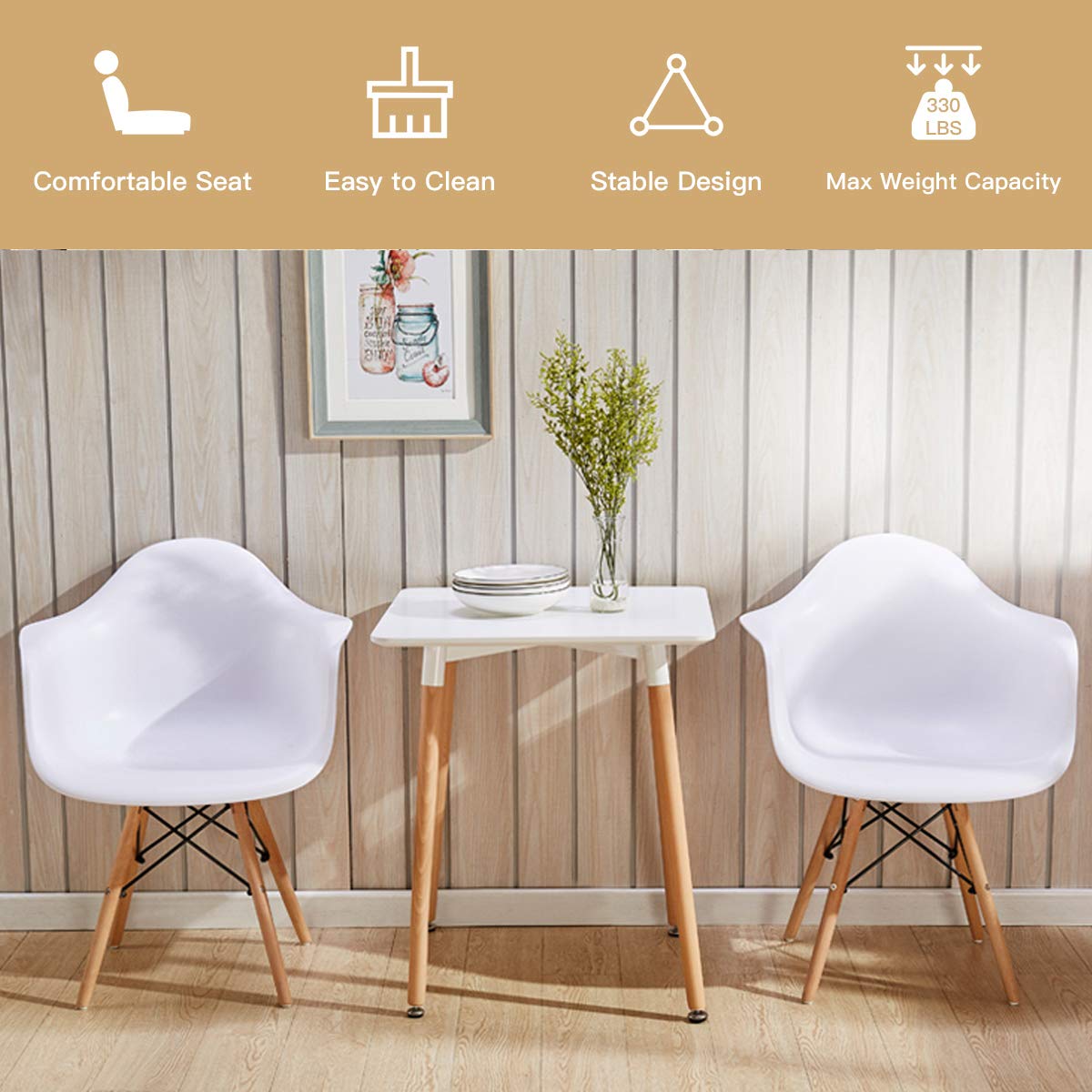 Safstar Mid Century Modern Dinning Chair Set of 2, 2 Pieces DSW Side Chair w/Beech Wood Legs & Curved Seat Supports, Accent Plastic Shell Chair Set for Kitchen, Dining, Bedroom, Living Room (2, White)